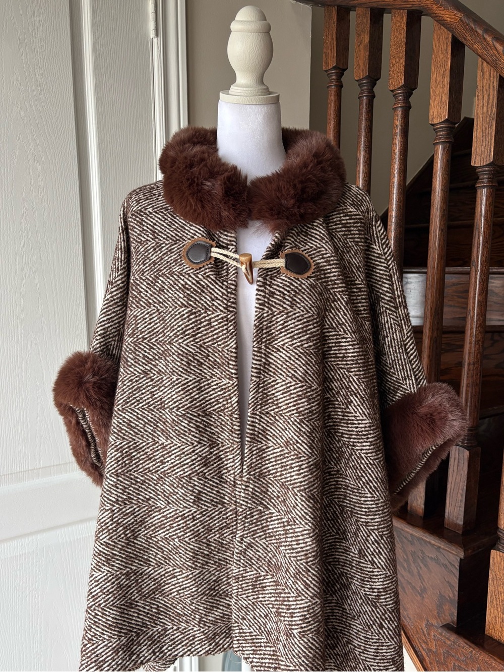 Women's Brown Faux Fur-Trim Poncho